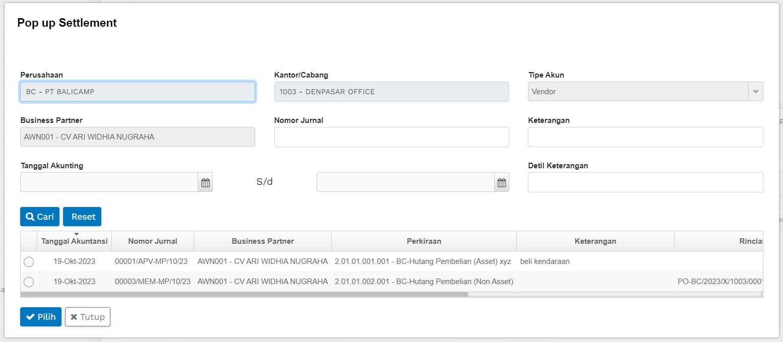 Popup Settlement Bukti Kas