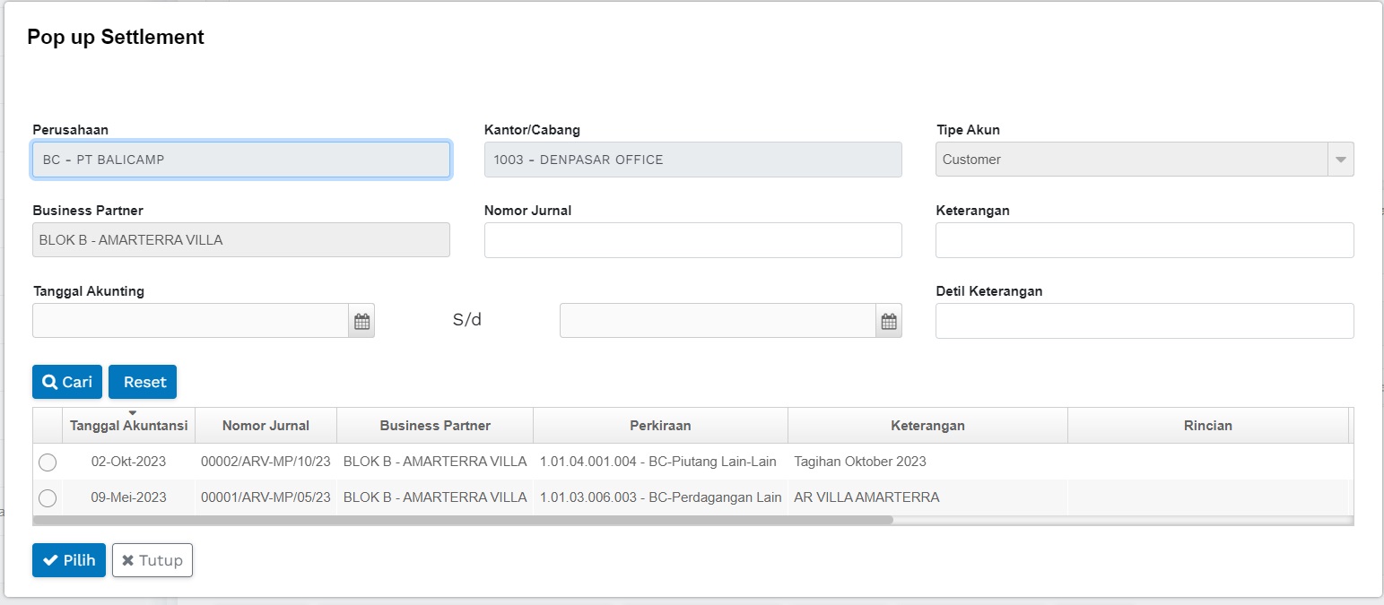 Popup Settlement Bukti Kas
